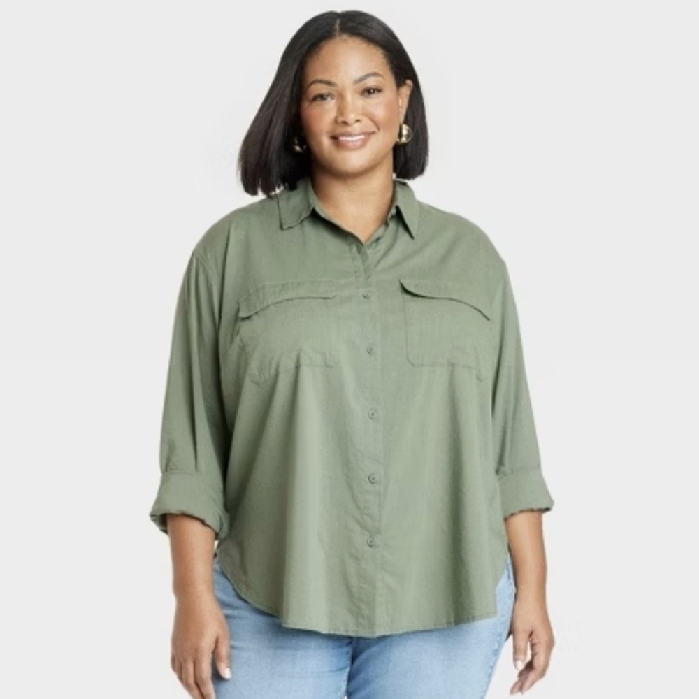 NWT Ava & Viv Women's Long Sleeve Utility Button Down Shirt 1X 2X 4X